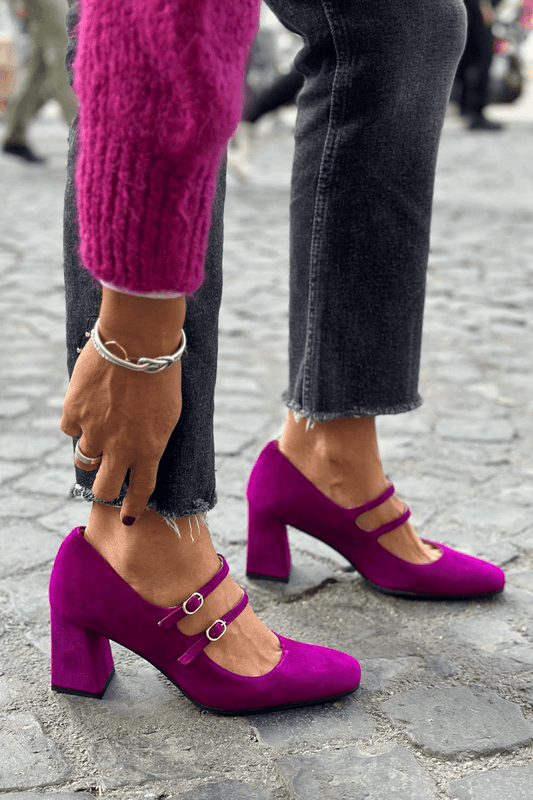 Velvety Faux Suede Double Strap Buckle Block Heels