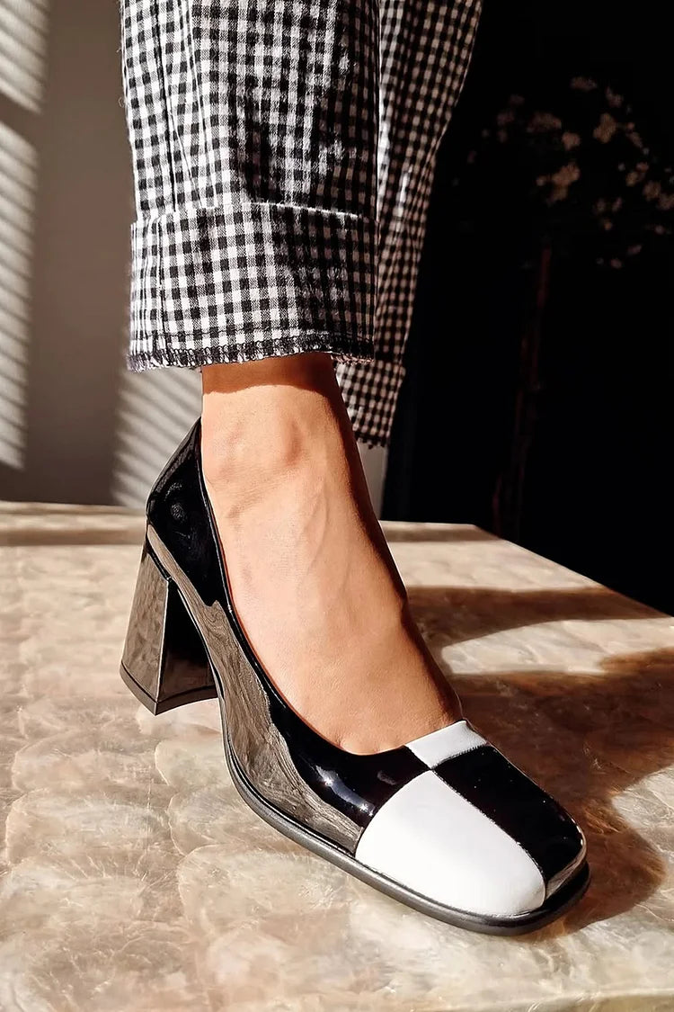 Colorblock Square Toe Slip On Black Chunky Heels [Pre Order]