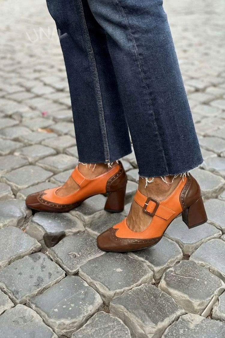 Patchwork Square Toe Instep Strap Buckle Low Heels