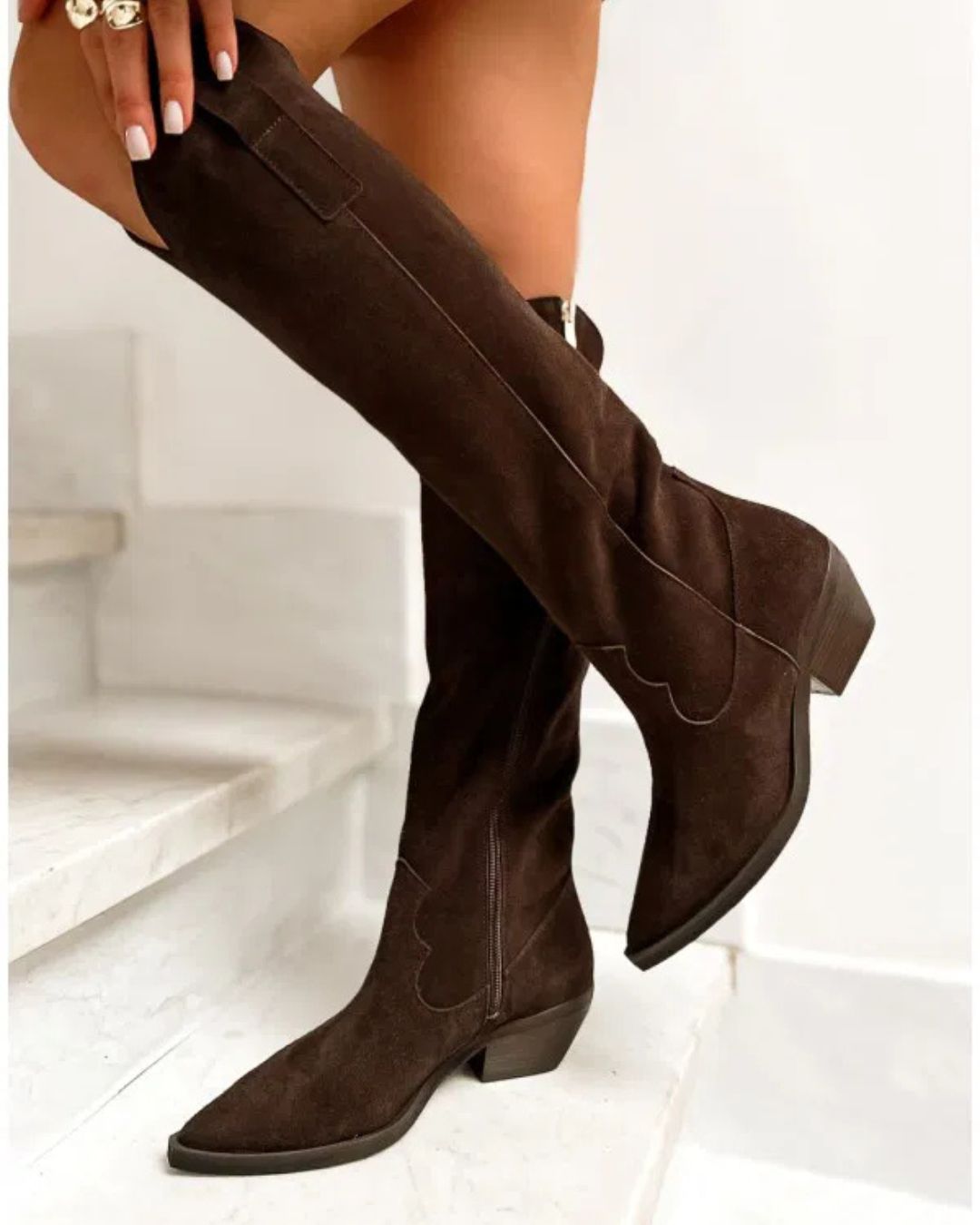 Braune Wildleder Patchwork Blockabsatz Lange Stiefel [Vorbestellung]