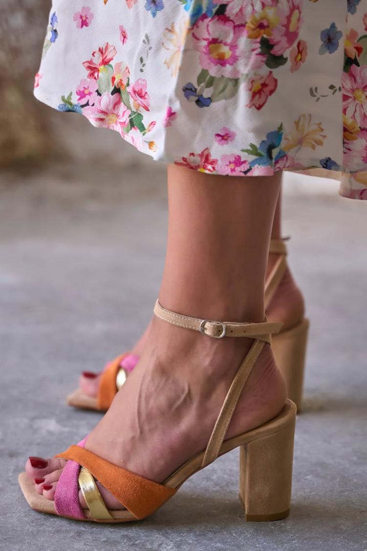 Scarpe con tacco grosso color block, punta quadrata, cinturino alla caviglia, fibbia color cachi [Pre-ordine]