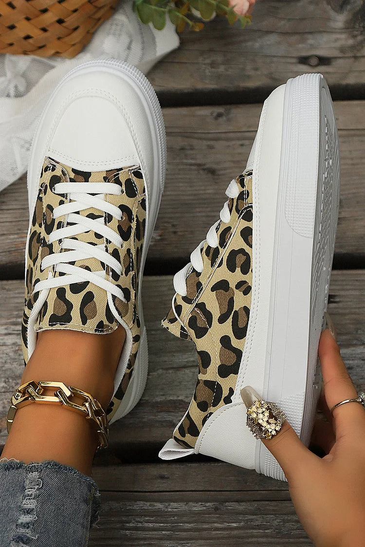 Leopard Print Round Toe Patchwork Lace Up Sneakers