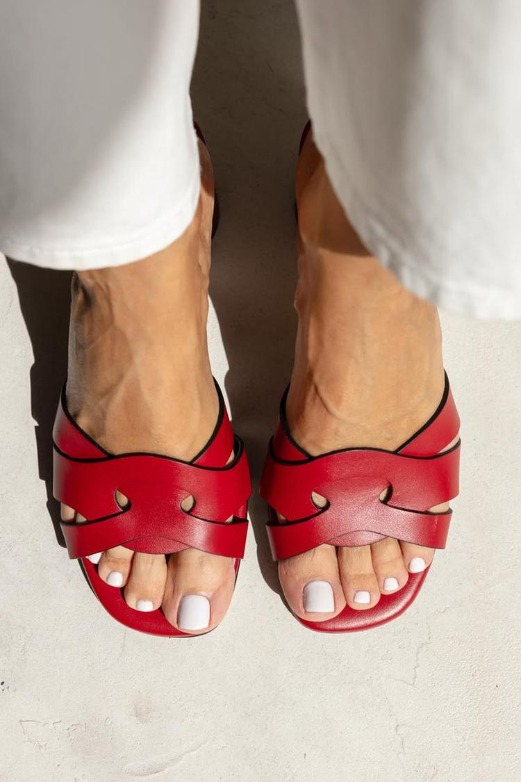 Scarpe con tacco grosso rosse casual aperte con cinturino incrociato e ritagli [Pre-ordine]