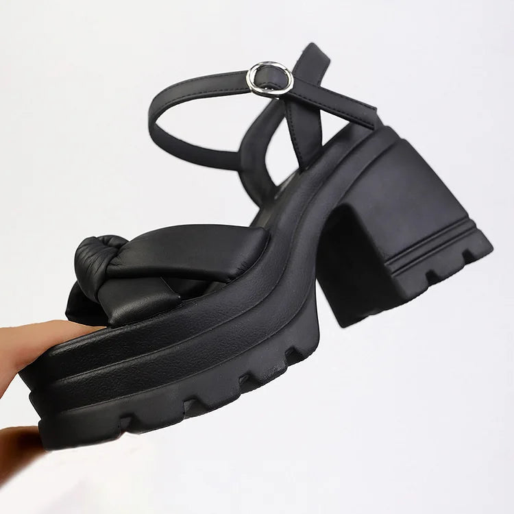 Solid Color Knotted Open Toe Platform Chunky Heels