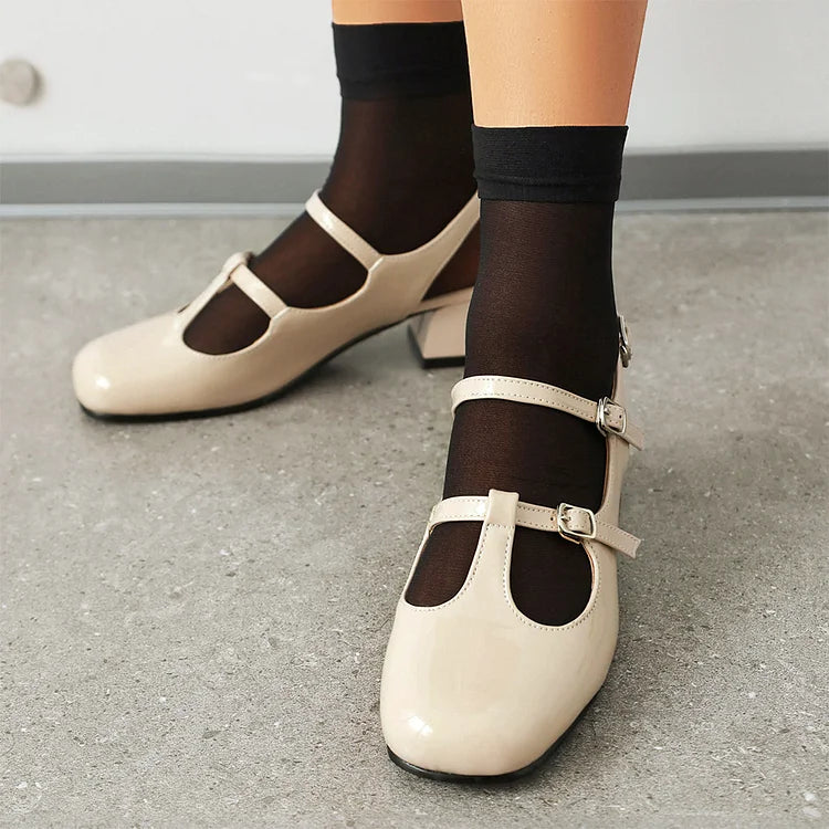 Cinghie sul collo del piede, fibbie, tinta unita, punta quadrata, cinturino posteriore, tacco grosso