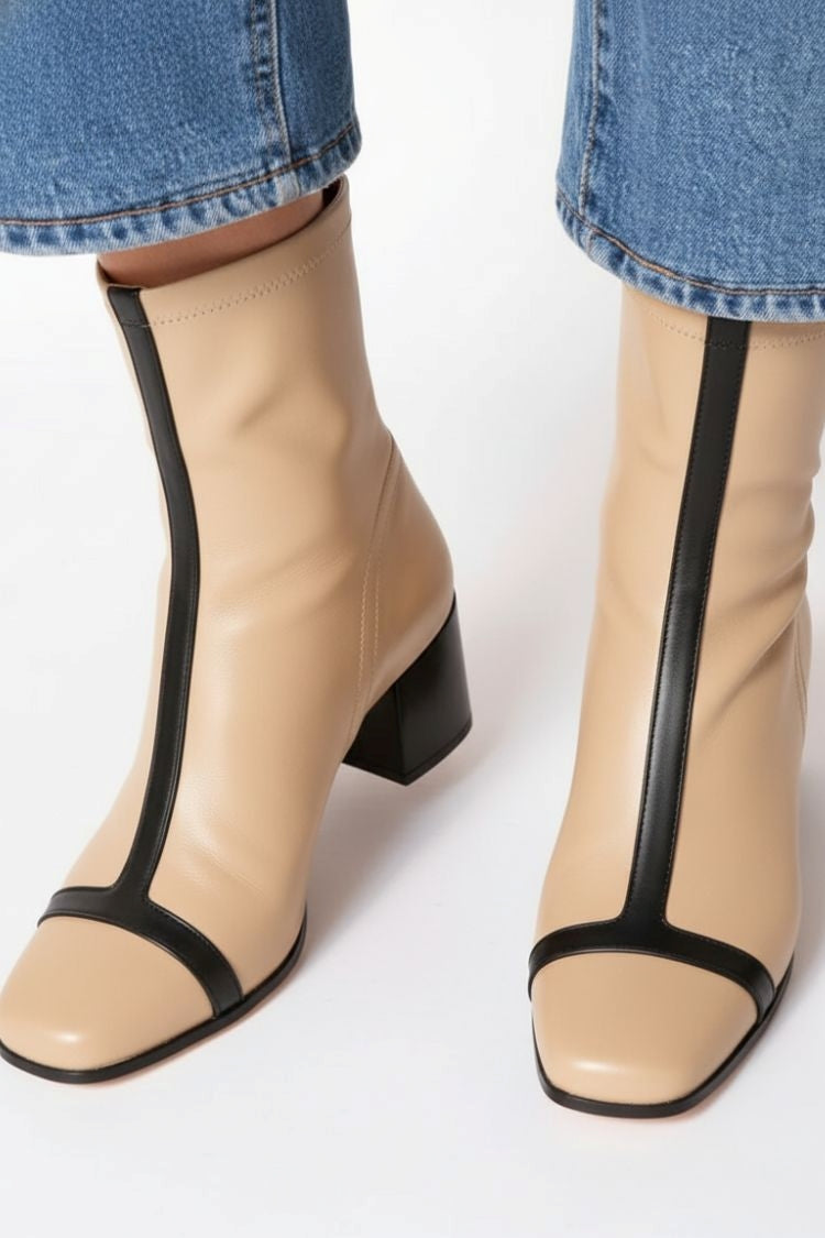 Stivaletti alla caviglia con punta quadrata e tacco spesso in pelle patchwork color albicocca [Pre-ordine]