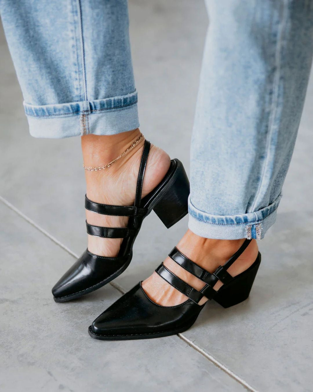 Einfarbige spitze Zehen Doppelriemen Slingback Blockabsätze [Vorbestellung]