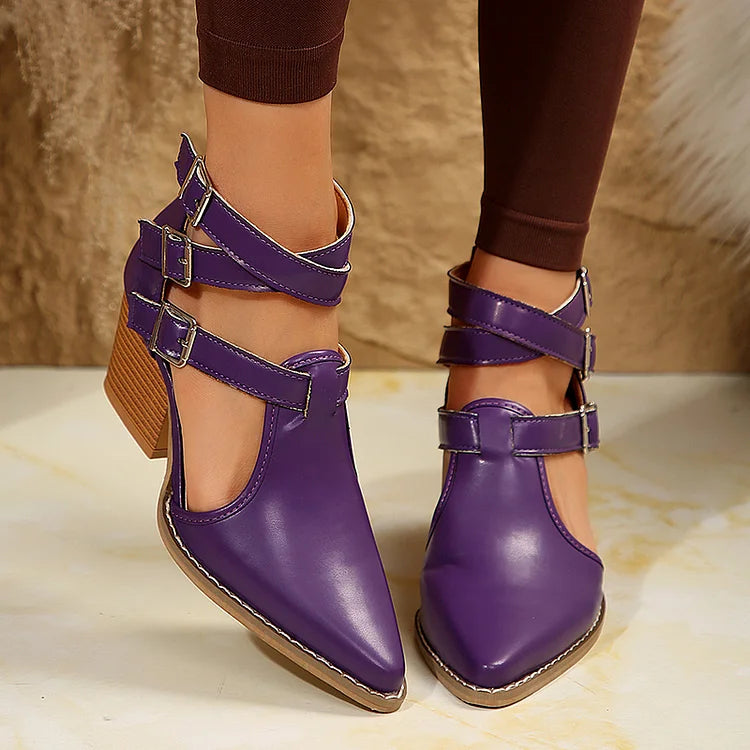 Ankle Cross Straps Buckles Solid Color Pointed Toe Chunky Heels