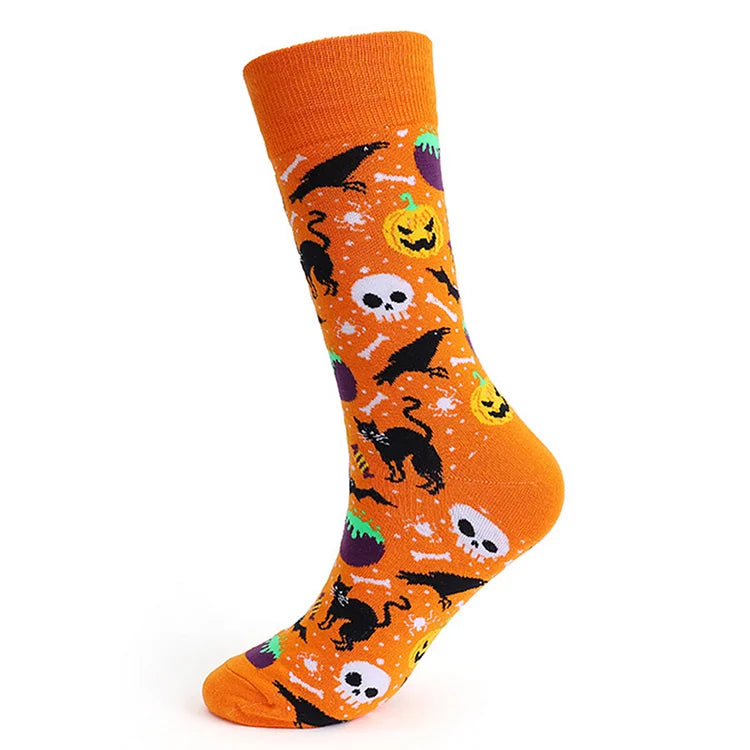 Calcetines de media pantorrilla con estampado de dibujos animados de araña, calavera y calabaza de fantasmas para Halloween 