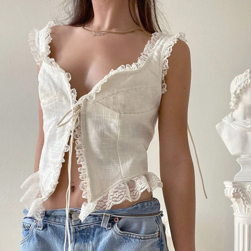 Lace Trim Tie Front Tank Top