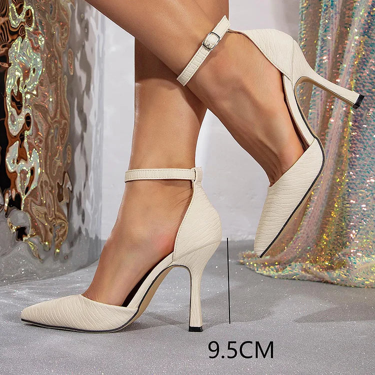 Solid Color Pointed Toe Ankle Strap Buckle Stiletto Heels
