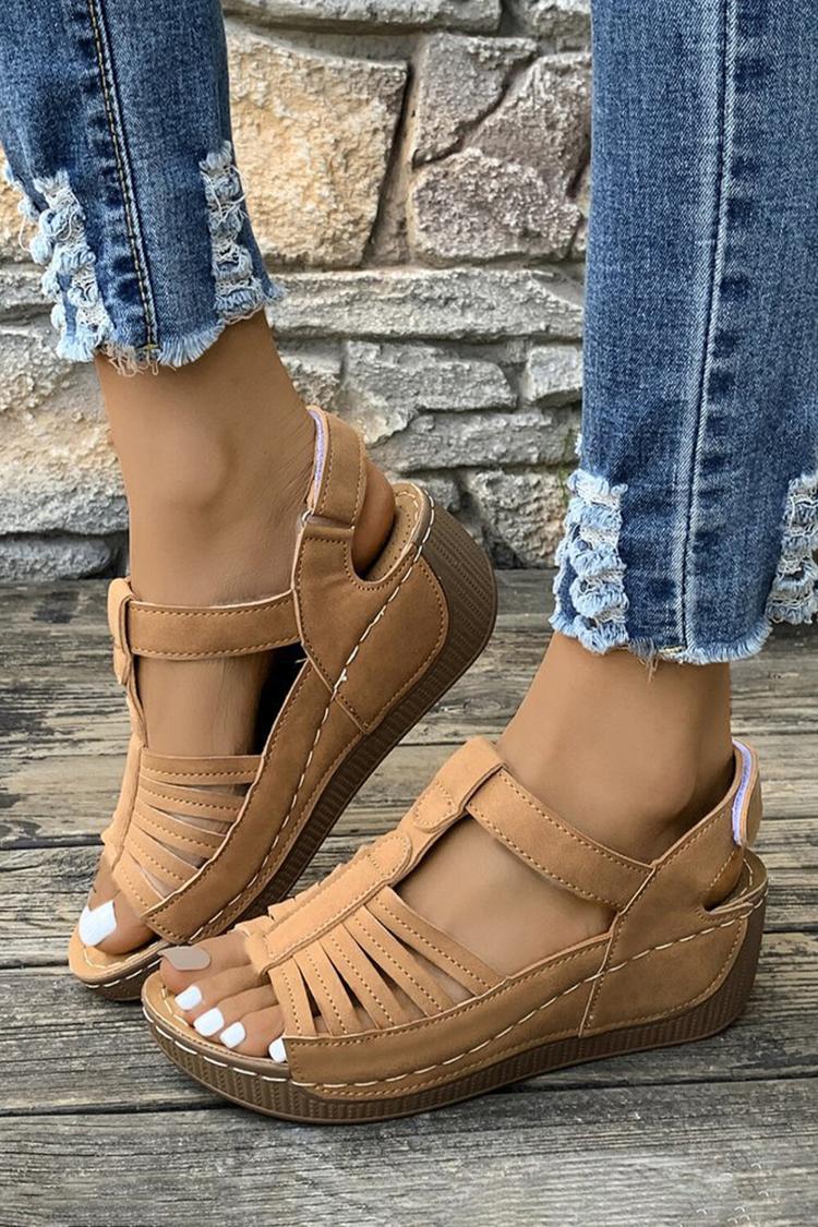 Sandali casual con zeppa, punta tonda e cinturino a T in tinta unita