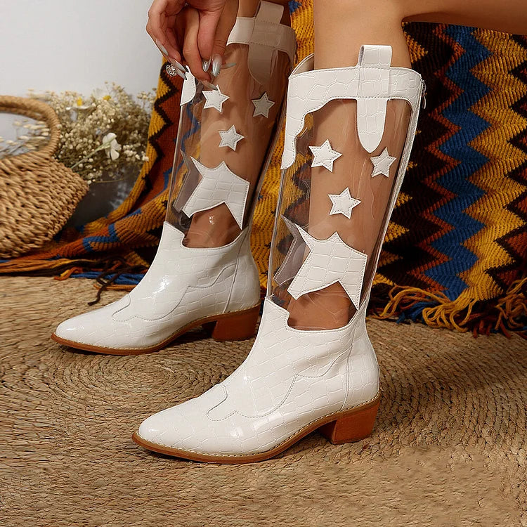 Patchwork Crocodile Print Pointed Toe Low Block Heel Mid Calf Boots