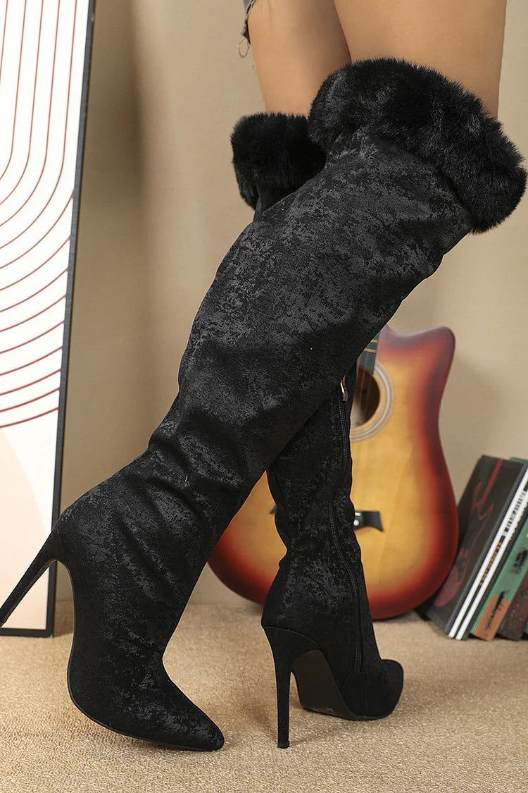 Fluffy Trim Zipper Pointed Toe Stiletto Heel Knee High Boots