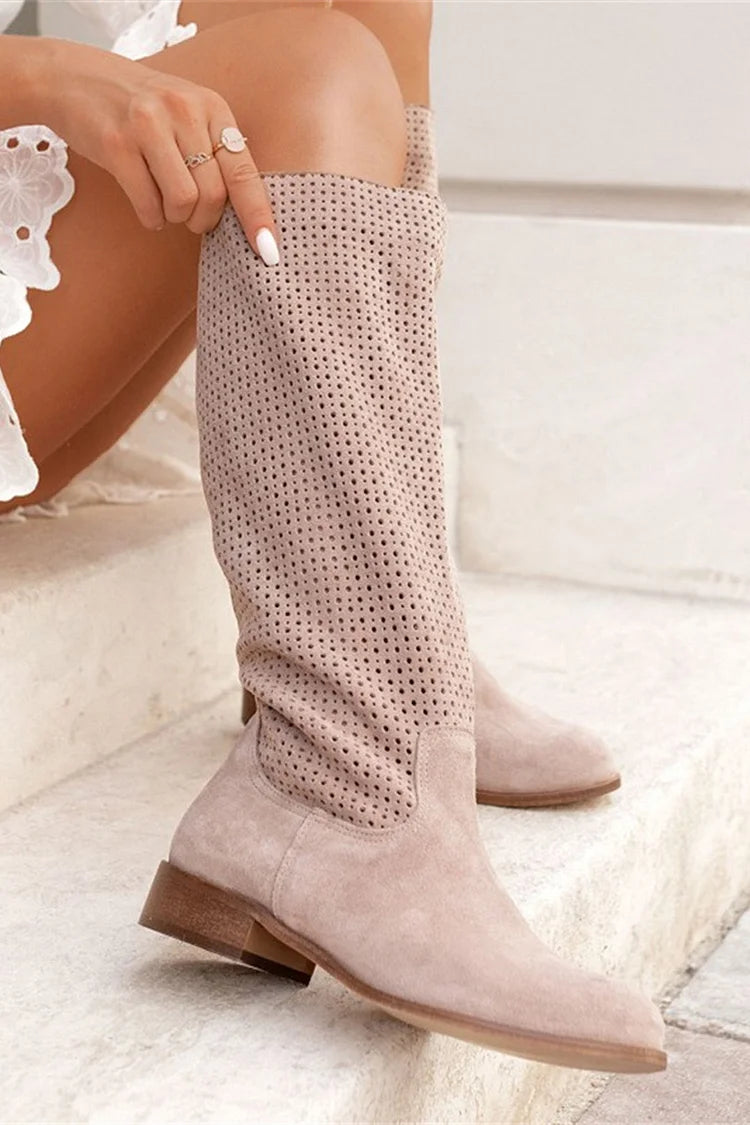 Hollow Out Patchwork Round Toe Low Block Heel Long Boots