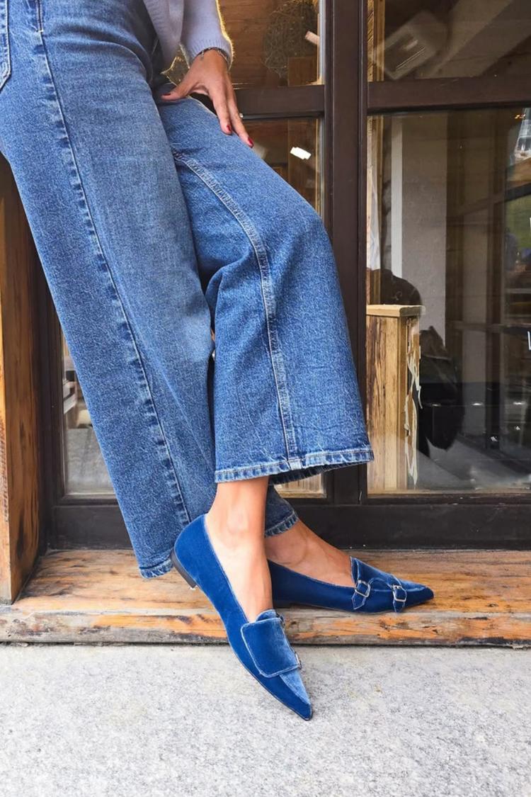 Fivelas Patchwork Cor Sólida Veludo Sapatilhas Azuis de Bico Apontado [Pré-Encomenda]
