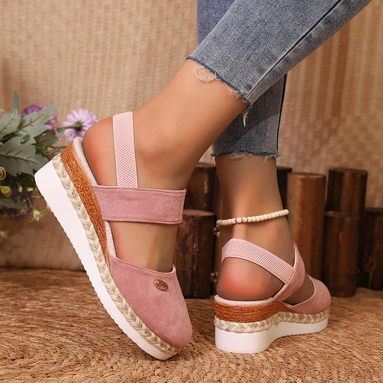 Metal Decor Slingback Strap Closed Toe Plain Espadrille Wedge Sandals