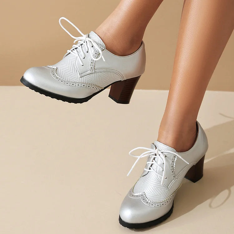 Metallic Sheen Patchwork Round Toe Lace Up Chunky Heels