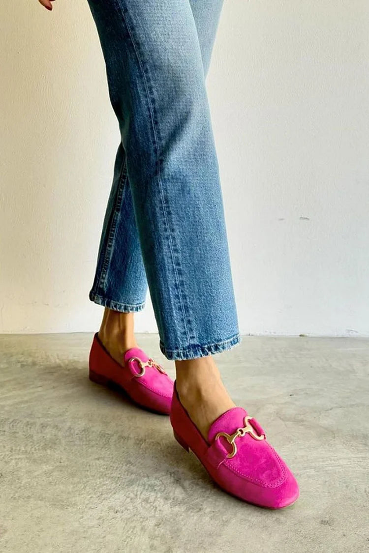 Round Toe Metallic Buckle Decor Casual Fuchsia Loafers