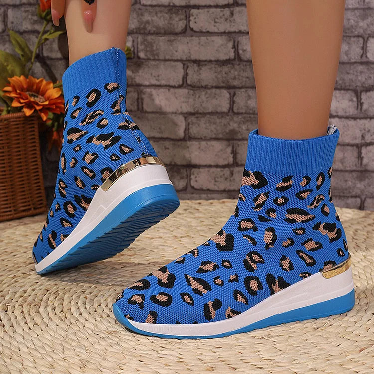 Knit Leopard Pattern Round Toe Wedge Heel Ankle Boots