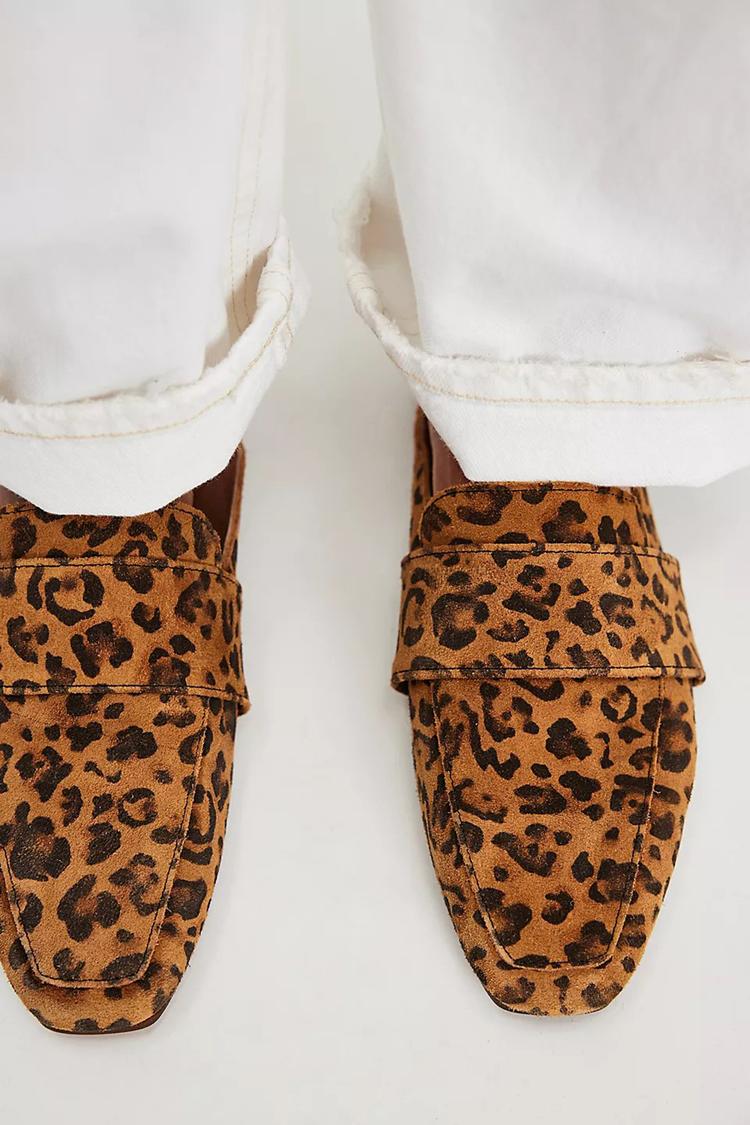 Mules marrone chiaro con punta quadrata e motivo patchwork leopardato [Pre-ordine] 