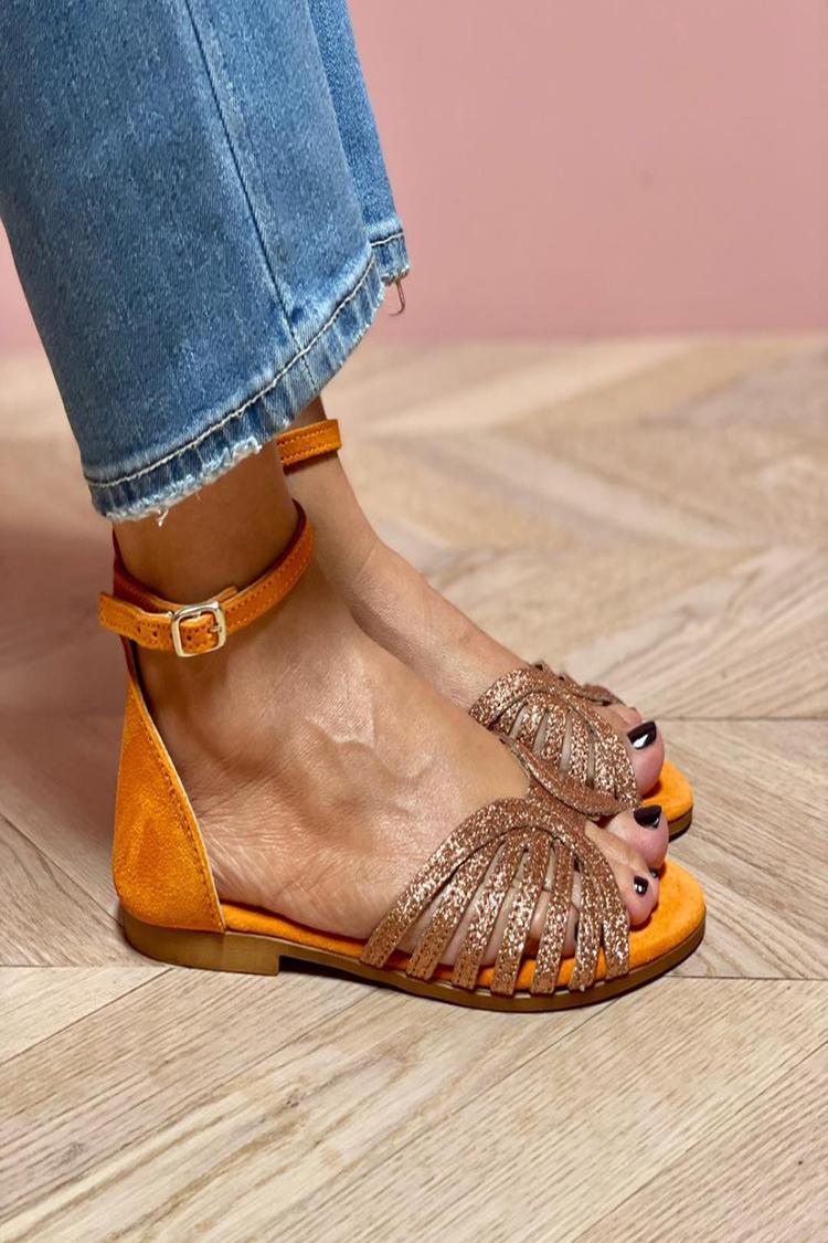 Glittering Round Toe Ankle Strap Buckle Orange Sandals