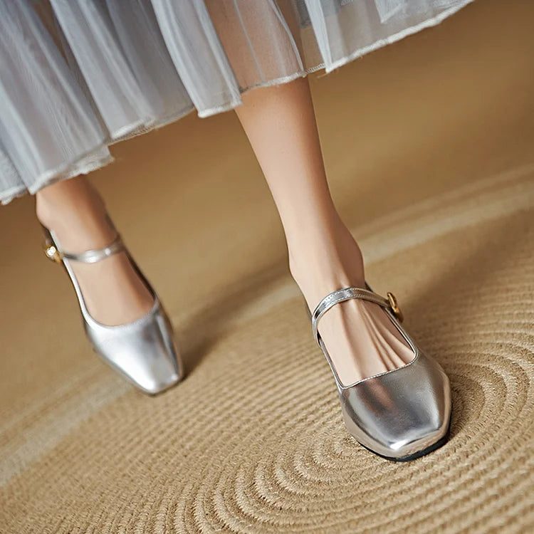 Instep Strap Buckle Metallic Sheen Square Toe Chunky Heels