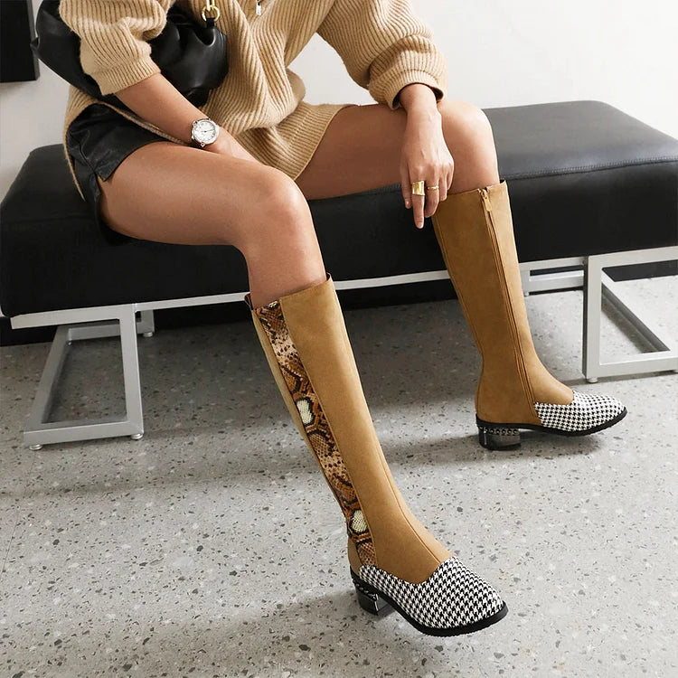 Animal Print Patchwork Pointed Toe Chunky Heel Knee High Boots