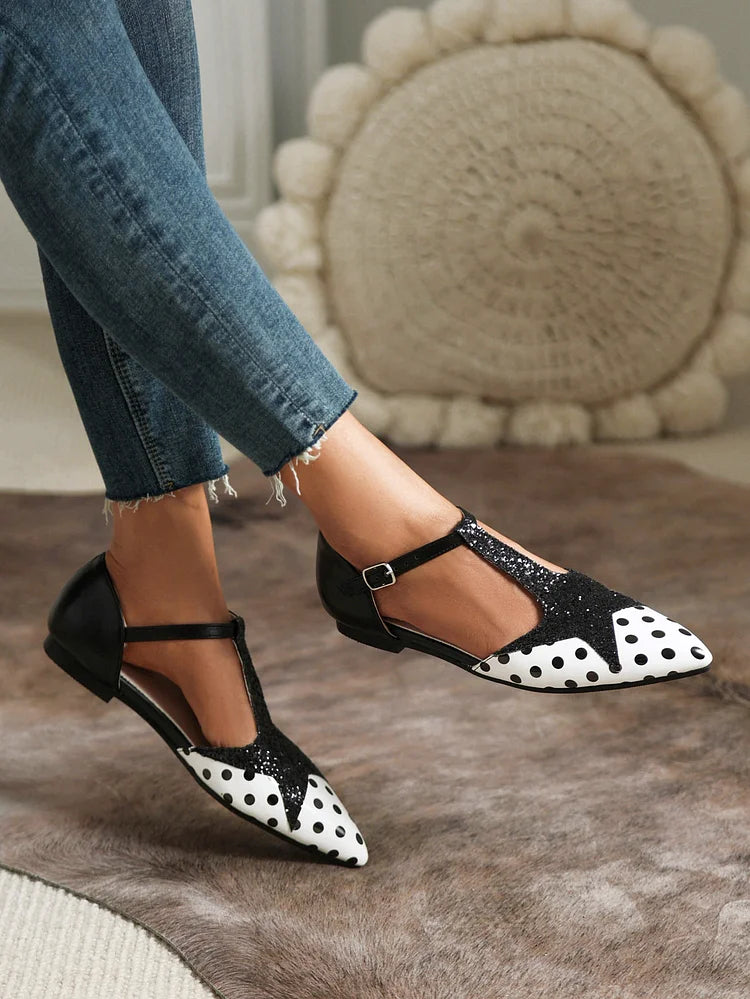 Women's Glitter Stitching Polka Dot Print Pointy Toe Flats