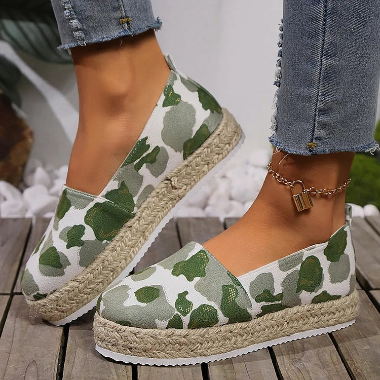 Leopard Pattern Print Low-Top Round Toe Platform Espadrille Loafers