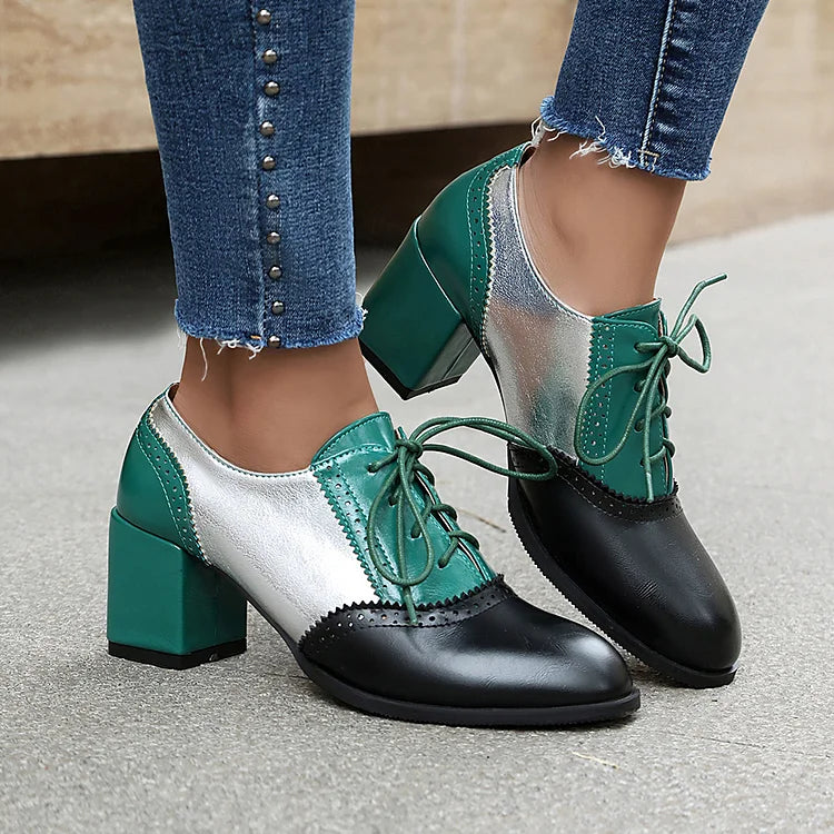 Lace Up Colorblock Round Toe Chunky Heel Brogue Oxfords