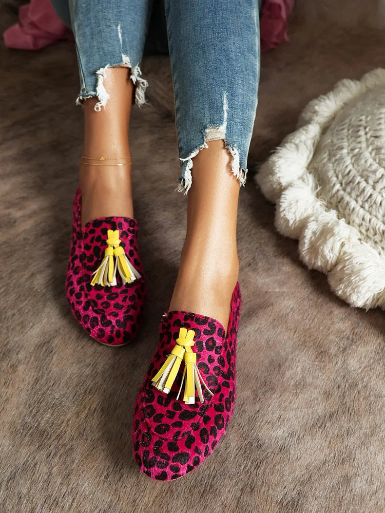 Leopard Print Colorblock Fringed Trim Casual Flat Loafers