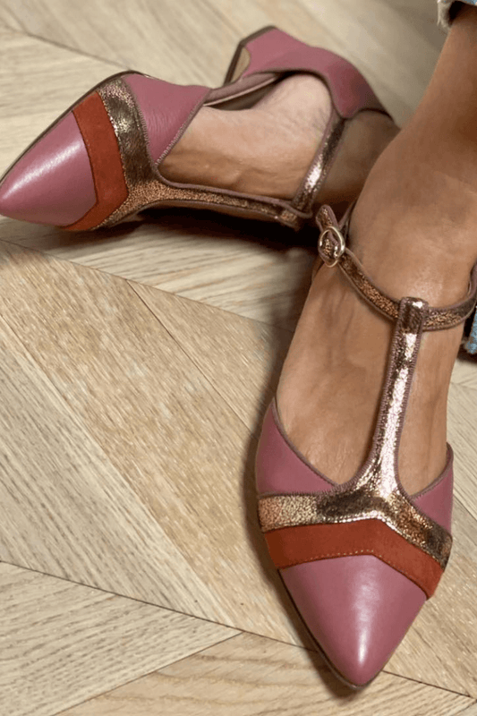 Metallic Rose Gold Colorblock T-Strap Pointed Toe Flats