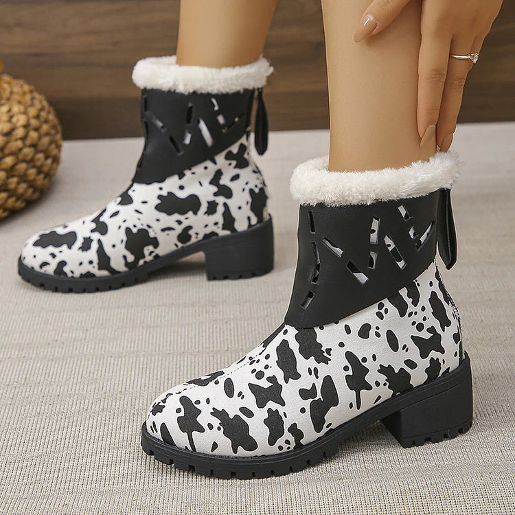 Fuzzy Cow Print Hollow Out Patchwork Round Toe Schneestiefel