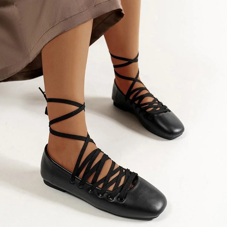 Crossover Lace Up Cor Sólida Biqueira Quadrada Elegante Flats