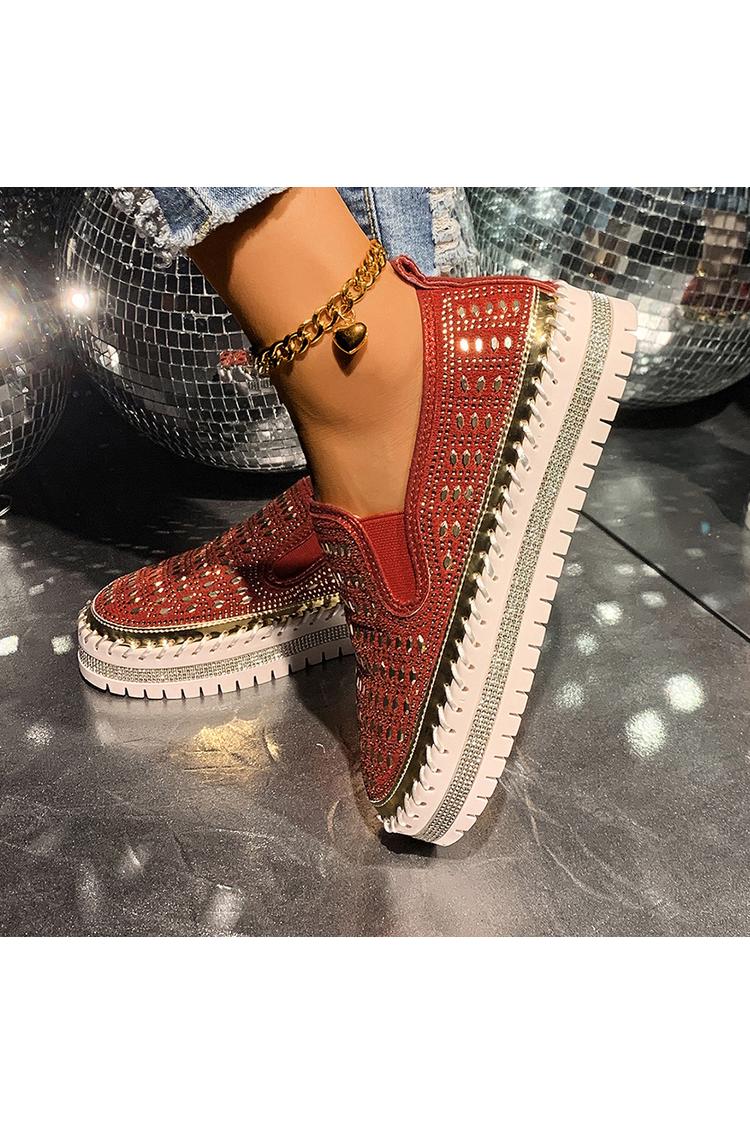 Strassverzierung Steppdetail Rundzehen Freizeit Plateau Loafers