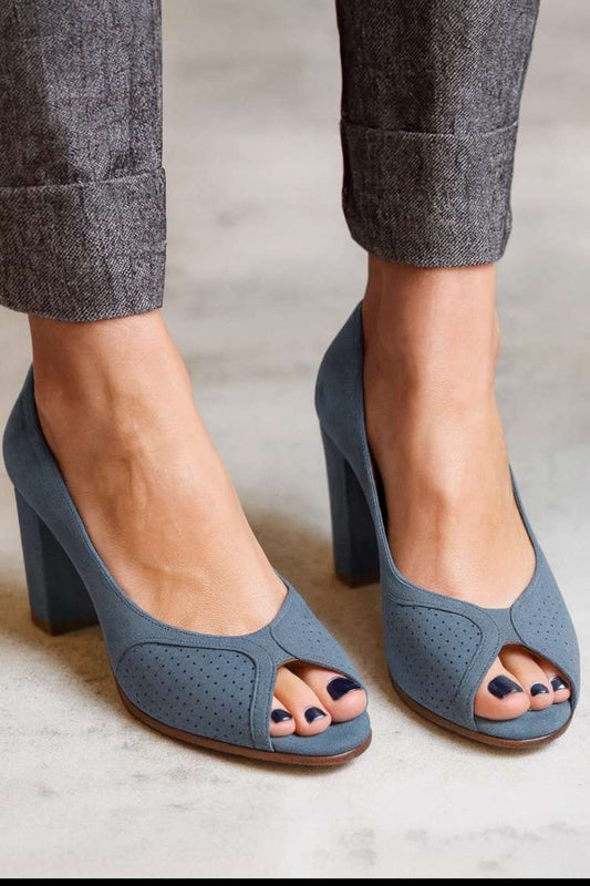 Wildleder perforierte Peeptoe Blockabsatz Pumps [Vorbestellung]