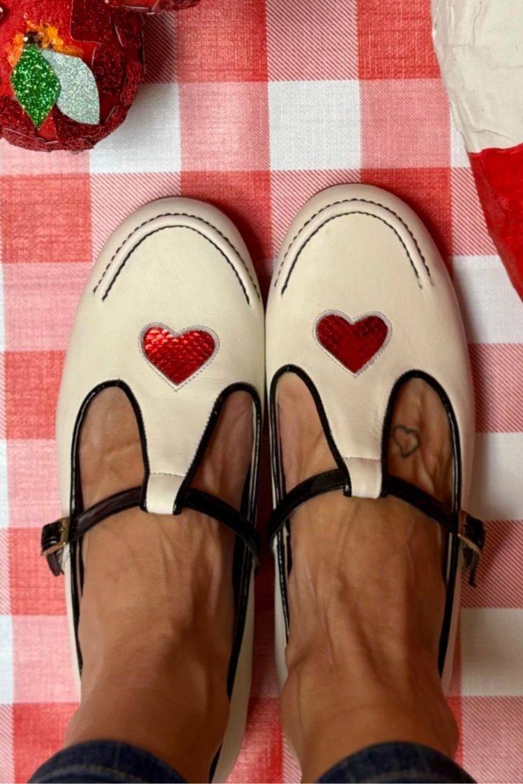 Cream Leather Heart Applique T-Strap Mary Jane Flats [Pre Order]