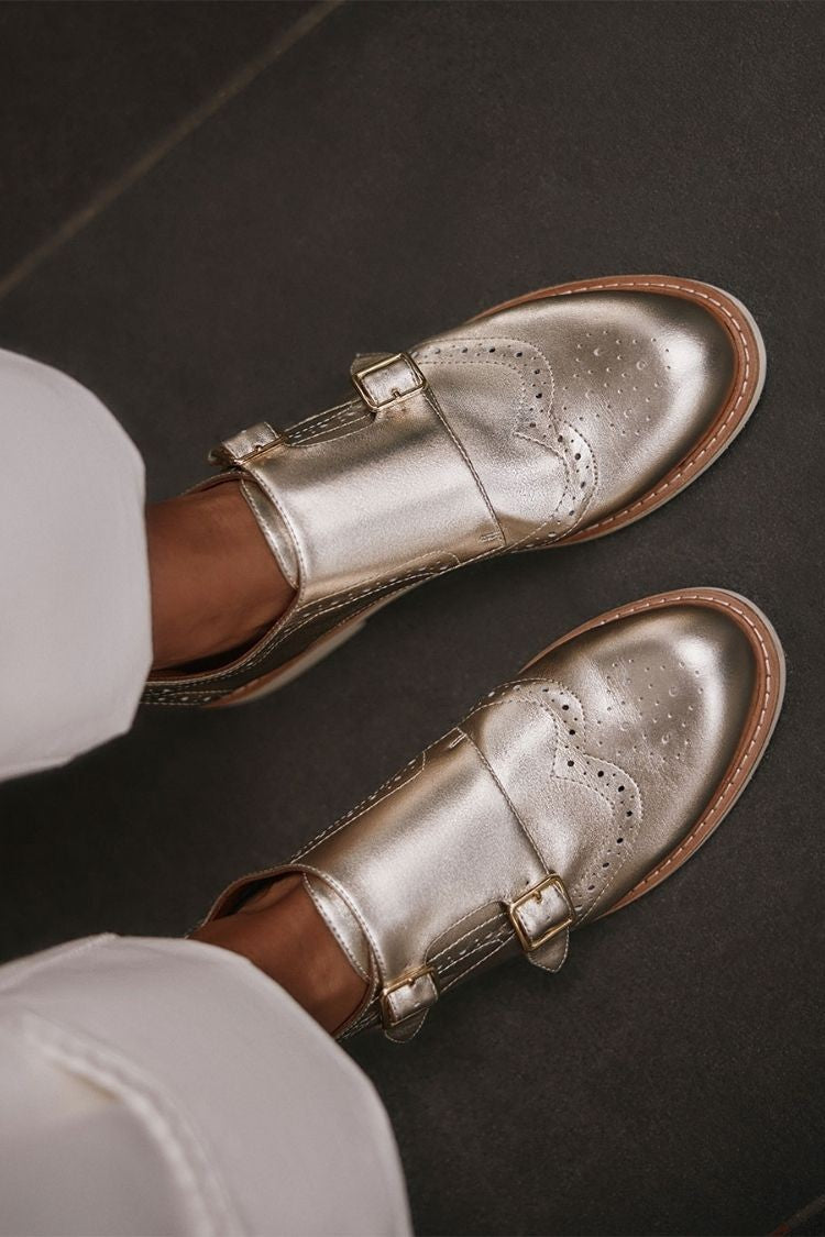 Metallic Leather Brogue Double-Monk Round-Toe Classic Oxfords [Pre Order]