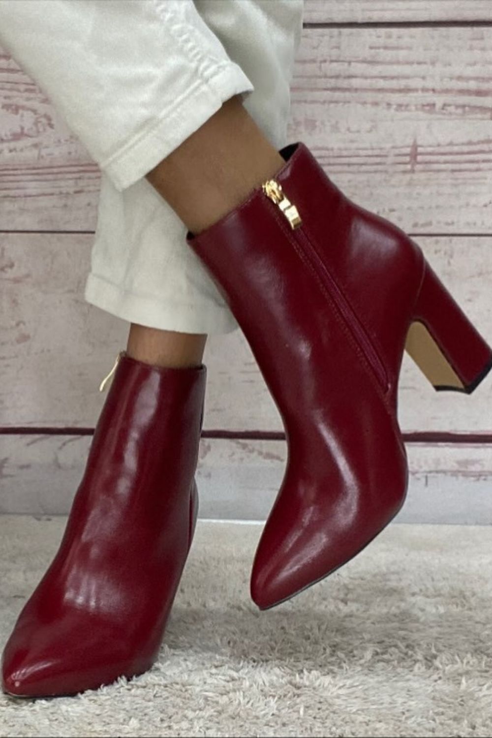 Burgundy Patent Pointed Toe Zipper Block Heel Ankle Boots [Pre Order]