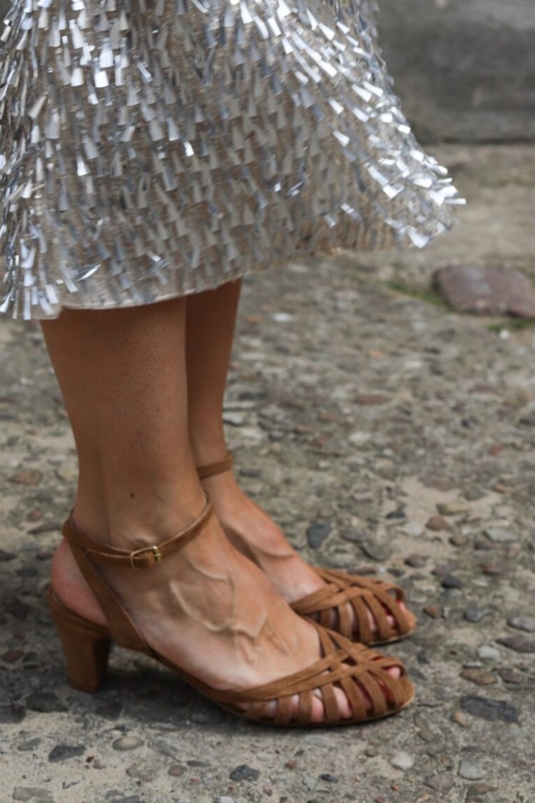 Woven Suede Peep Toe Slingback Brown Block Heels [Pre Order]