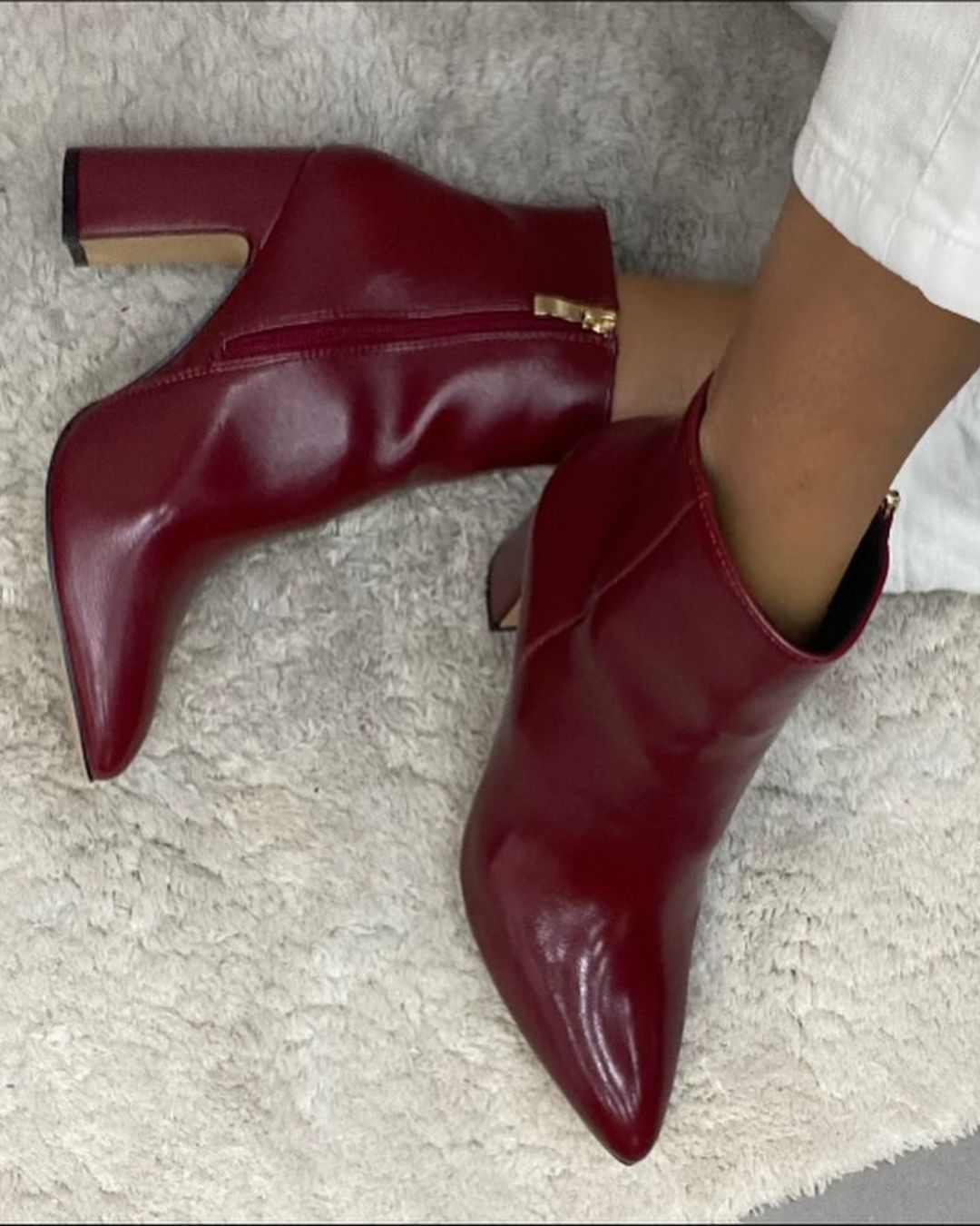 Burgundy Patent Pointed Toe Zipper Block Heel Ankle Boots [Pre Order]