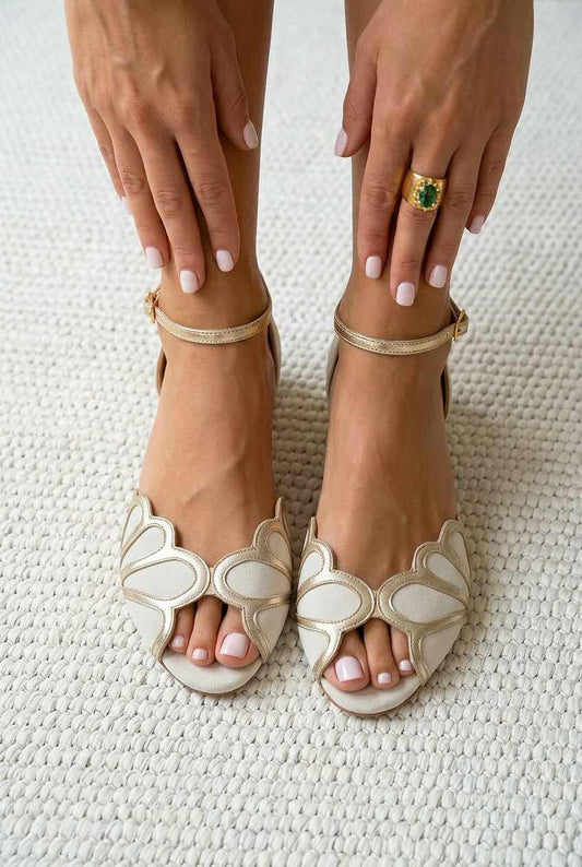 Scalloped Cutout Peep Toe Ankle Strap Low Heels [Pre Order]
