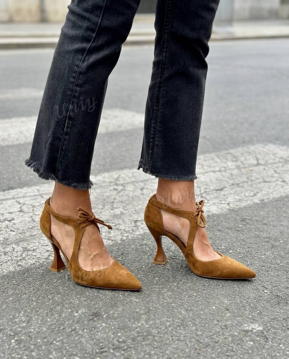 Lace Up CutoutPointed Toe Flared Heel Pumps [Pre Order]