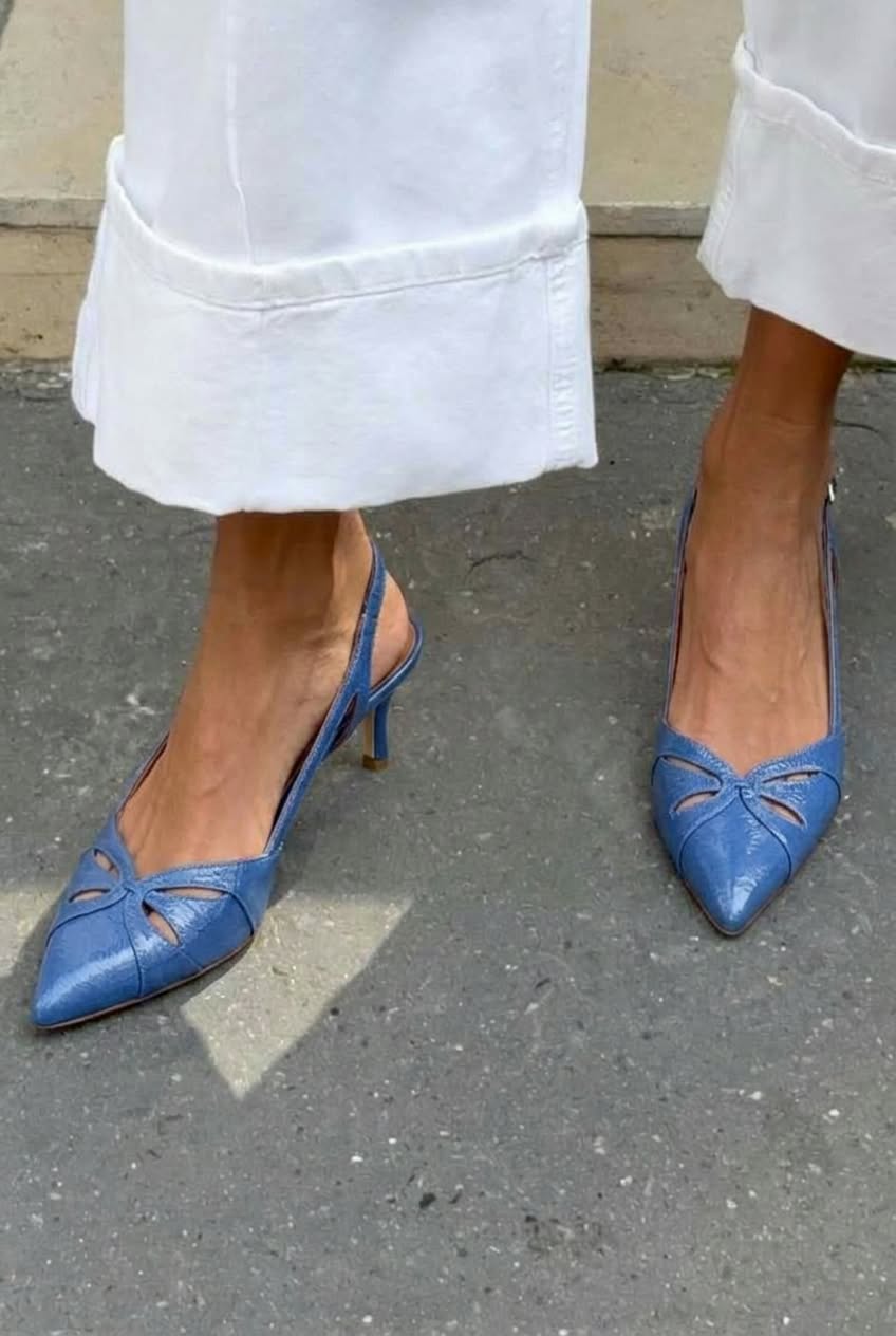 Crinkled Blue Pointed Toe Cutout Slingback Kitten Heels [Pre Order]