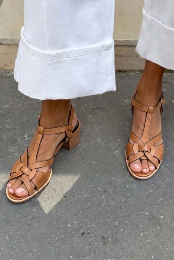 Woven Leather Open Toe T-Strap Tan Block Heels [Pre Order]