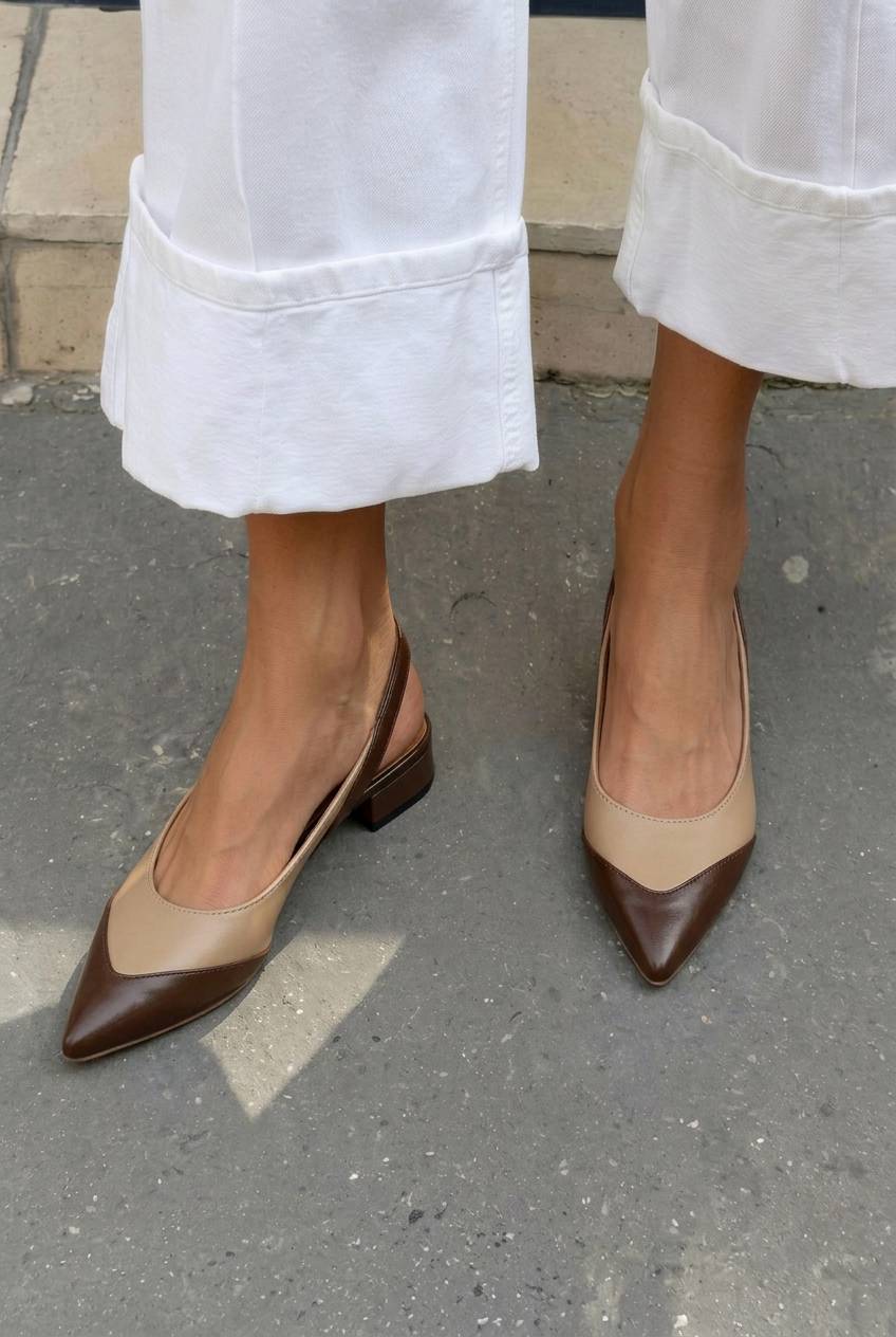 Two Tone Pointed Toe Slingback Low Block Heels [Pre Order]