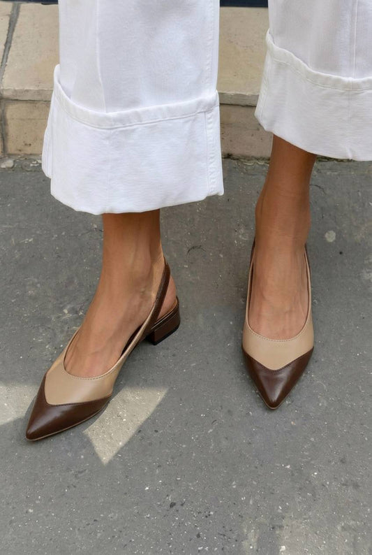 Two Tone Pointed Toe Slingback Low Block Heels [Pre Order]