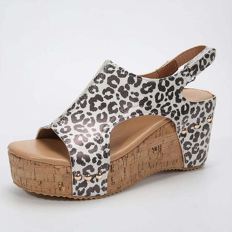 Leopard Print Cut Out Open Toe Metallic Studded Wedge Sandals