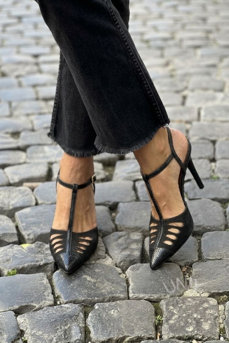 Schwarze T-Riemen Spitz zulaufende Ausgeschnittene Patchwork Stiletto Absätze [Vorbestellung]